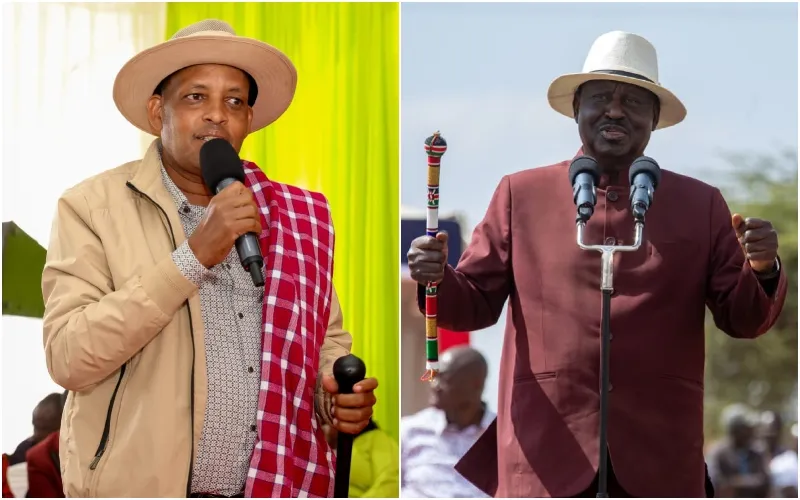 Raila Odinga (r) directed Kajiado Governor Joseph Ole Lenku to immediately offer a job to the late Mathew Lempurkel’s widow. Photo|courtesy.
